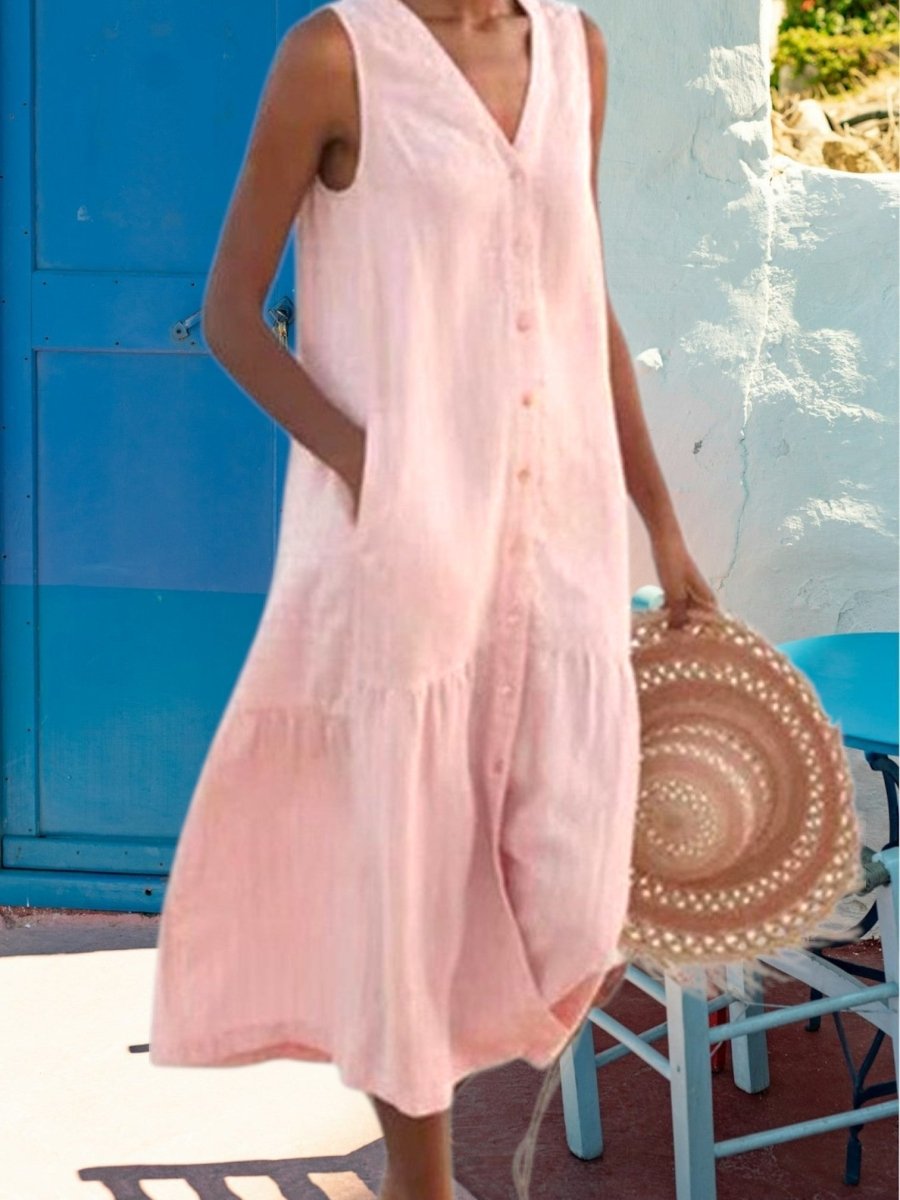 Noémie - Robe Midi Lin Sans Manches Boutonnée Femme