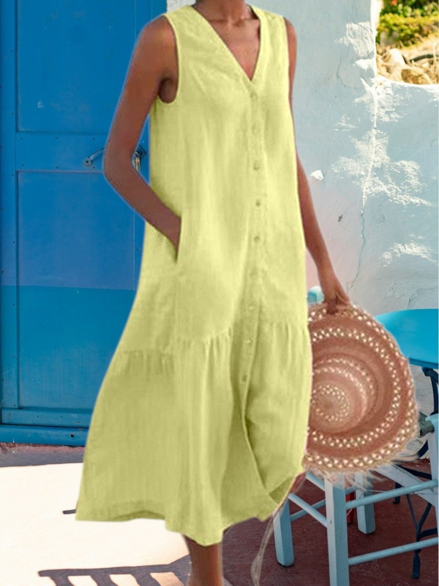Noémie - Robe Midi Lin Sans Manches Boutonnée Femme