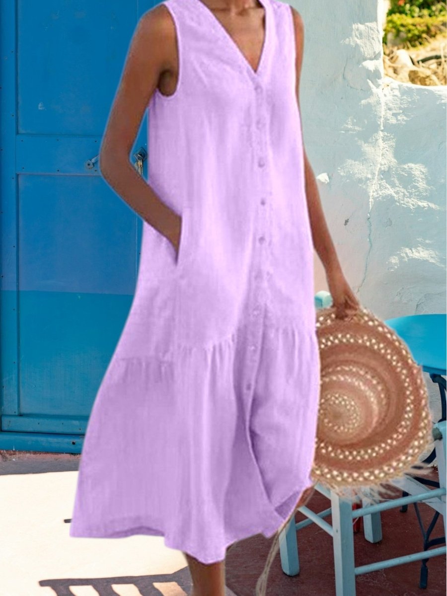 Noémie - Robe Midi Lin Sans Manches Boutonnée Femme