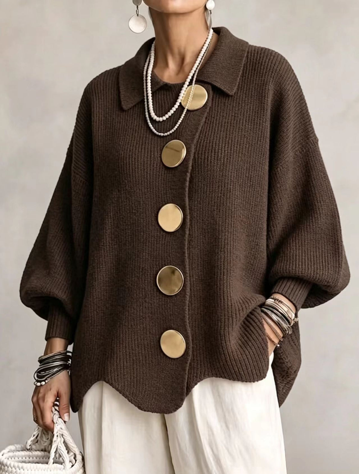 Caroline - Cardigan Élégant Oversize Boutons Dorés
