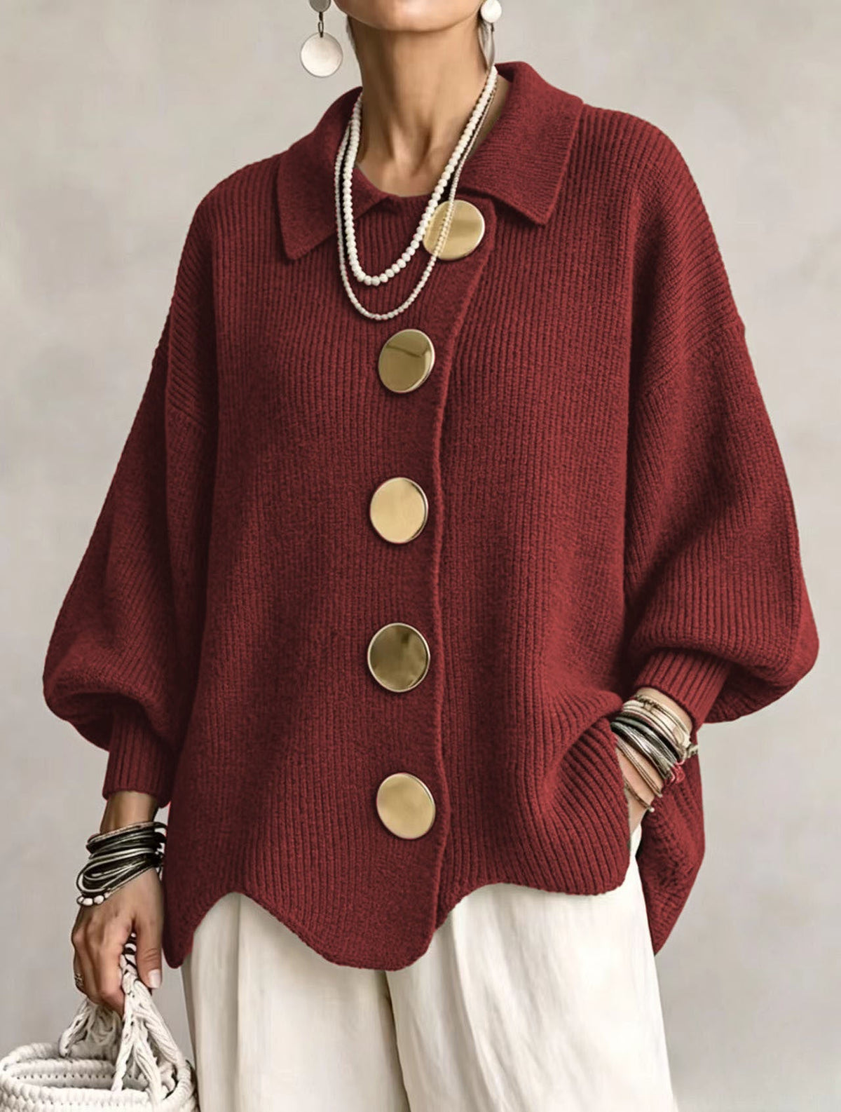 Caroline - Cardigan Élégant Oversize Boutons Dorés
