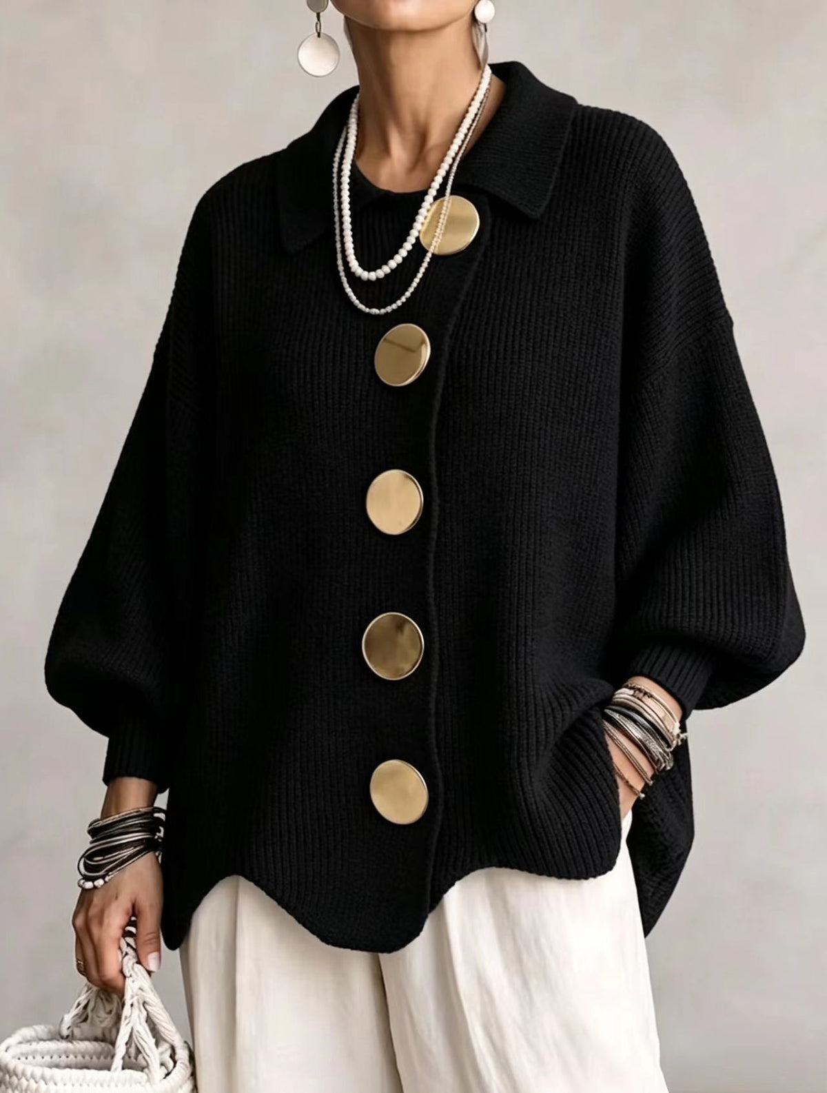 Caroline - Cardigan Élégant Oversize Boutons Dorés