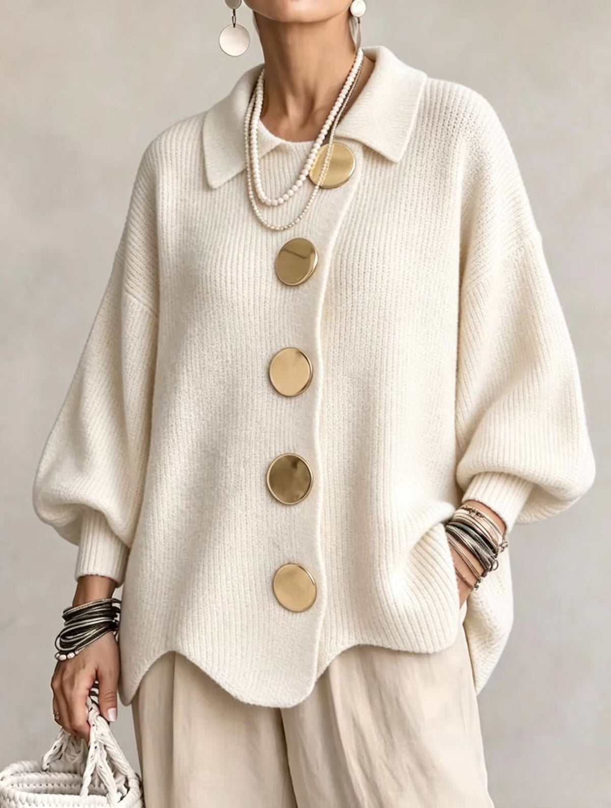 Caroline - Cardigan Élégant Oversize Boutons Dorés