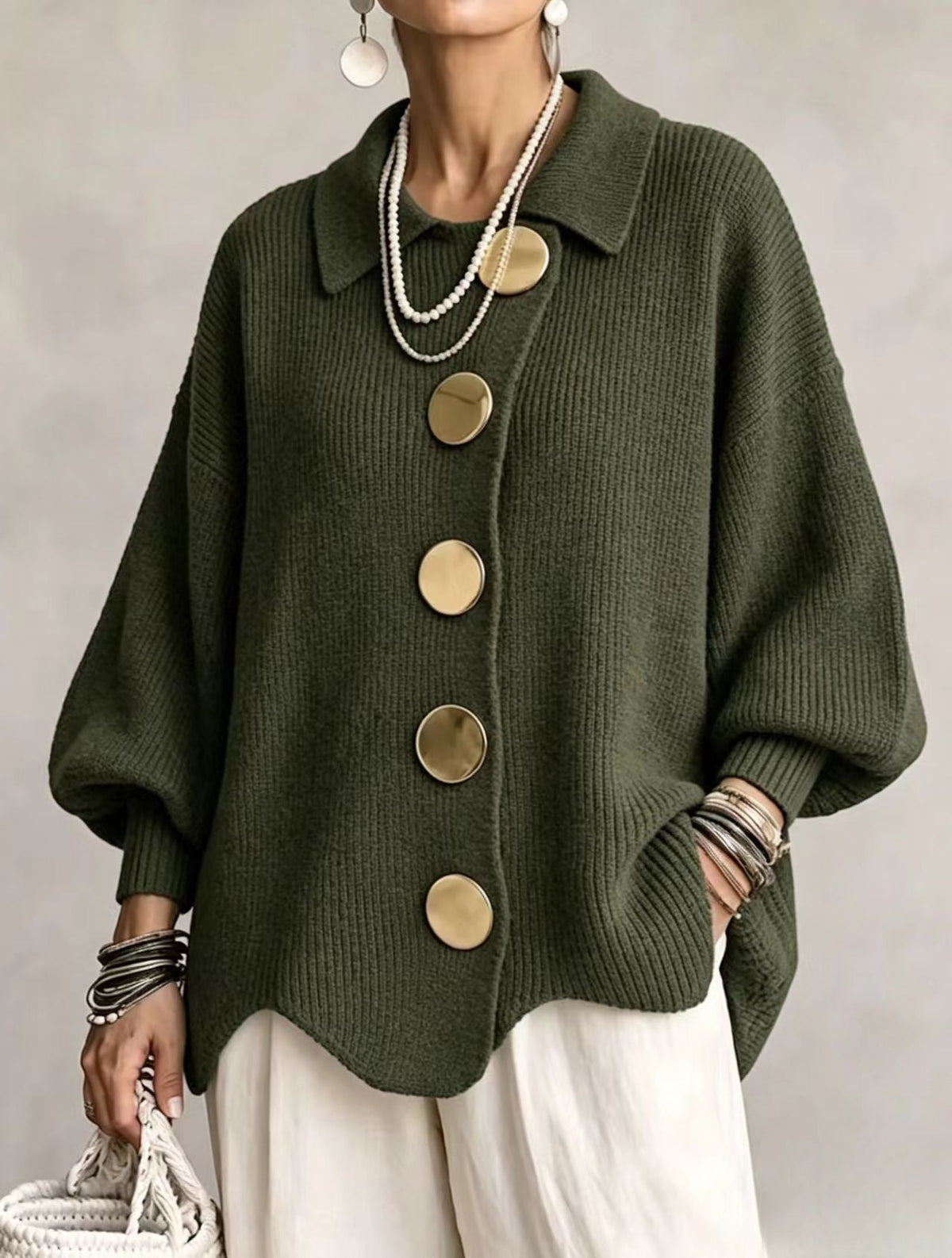 Caroline - Cardigan Élégant Oversize Boutons Dorés