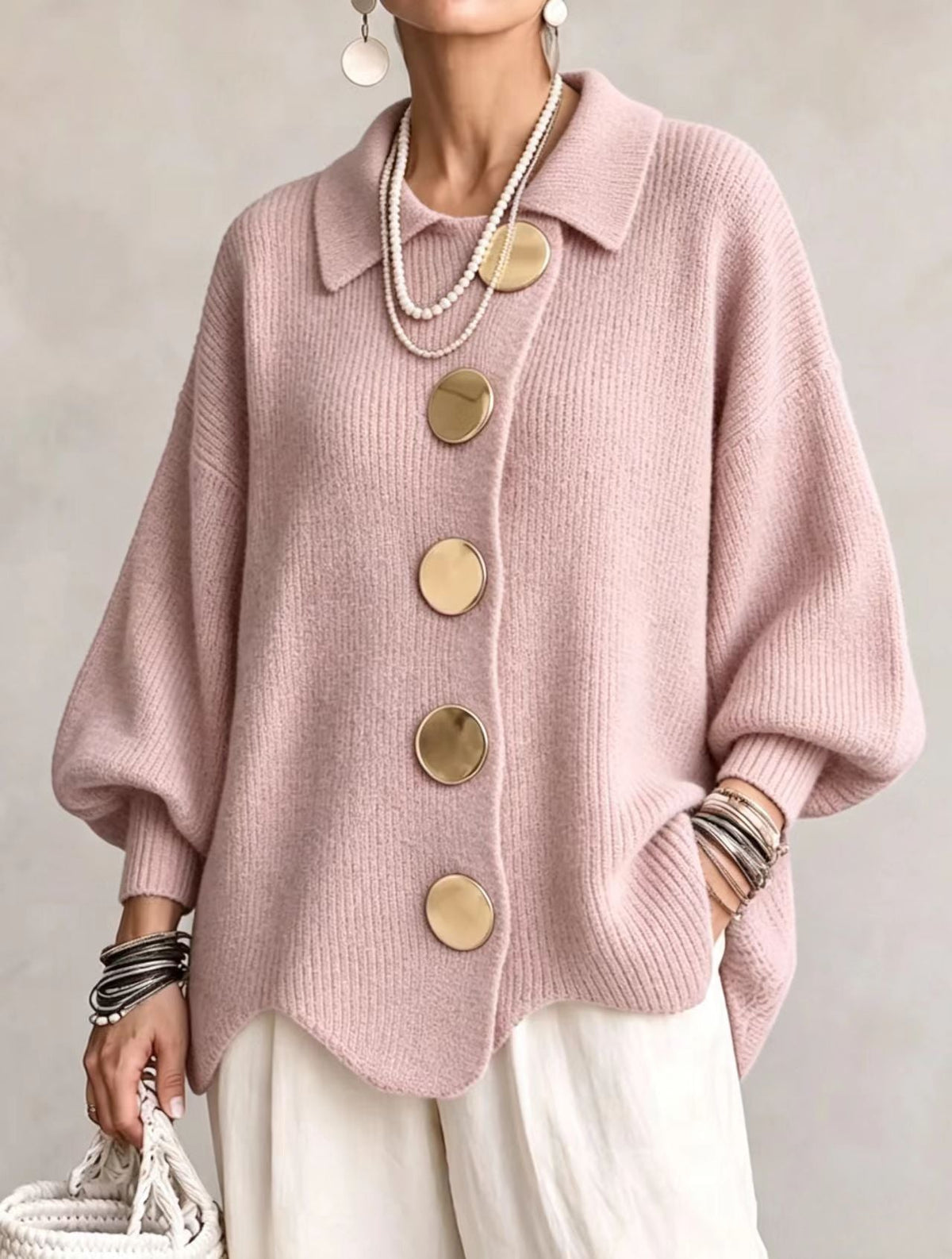 Caroline - Cardigan Élégant Oversize Boutons Dorés