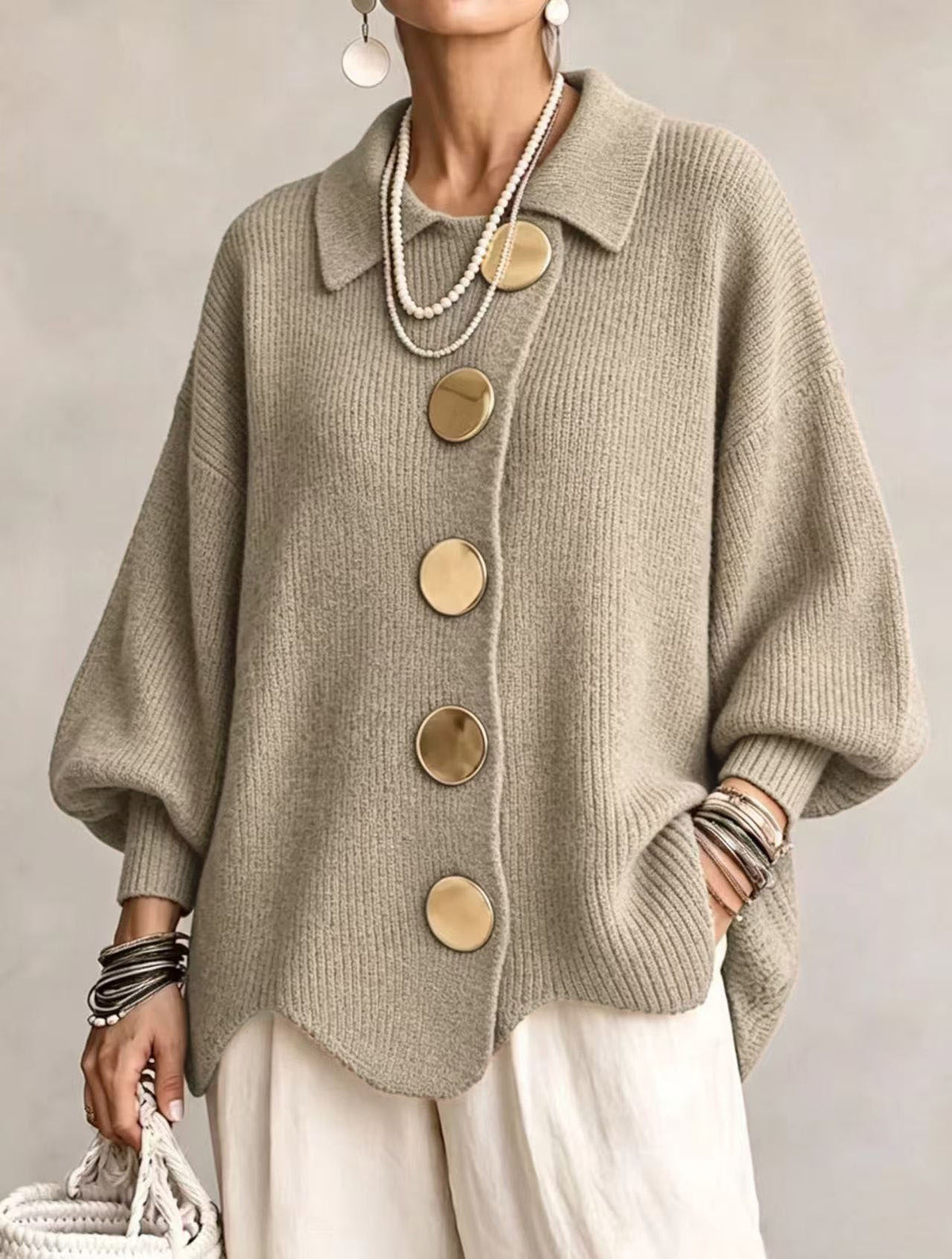 Caroline - Cardigan Élégant Oversize Boutons Dorés