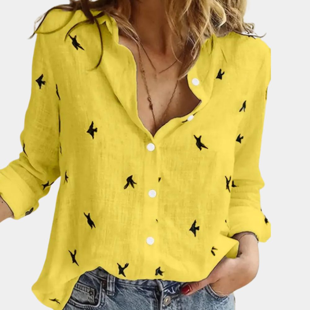 Audrey - Chemise Imprimée Oiseaux Manches Longues Femme