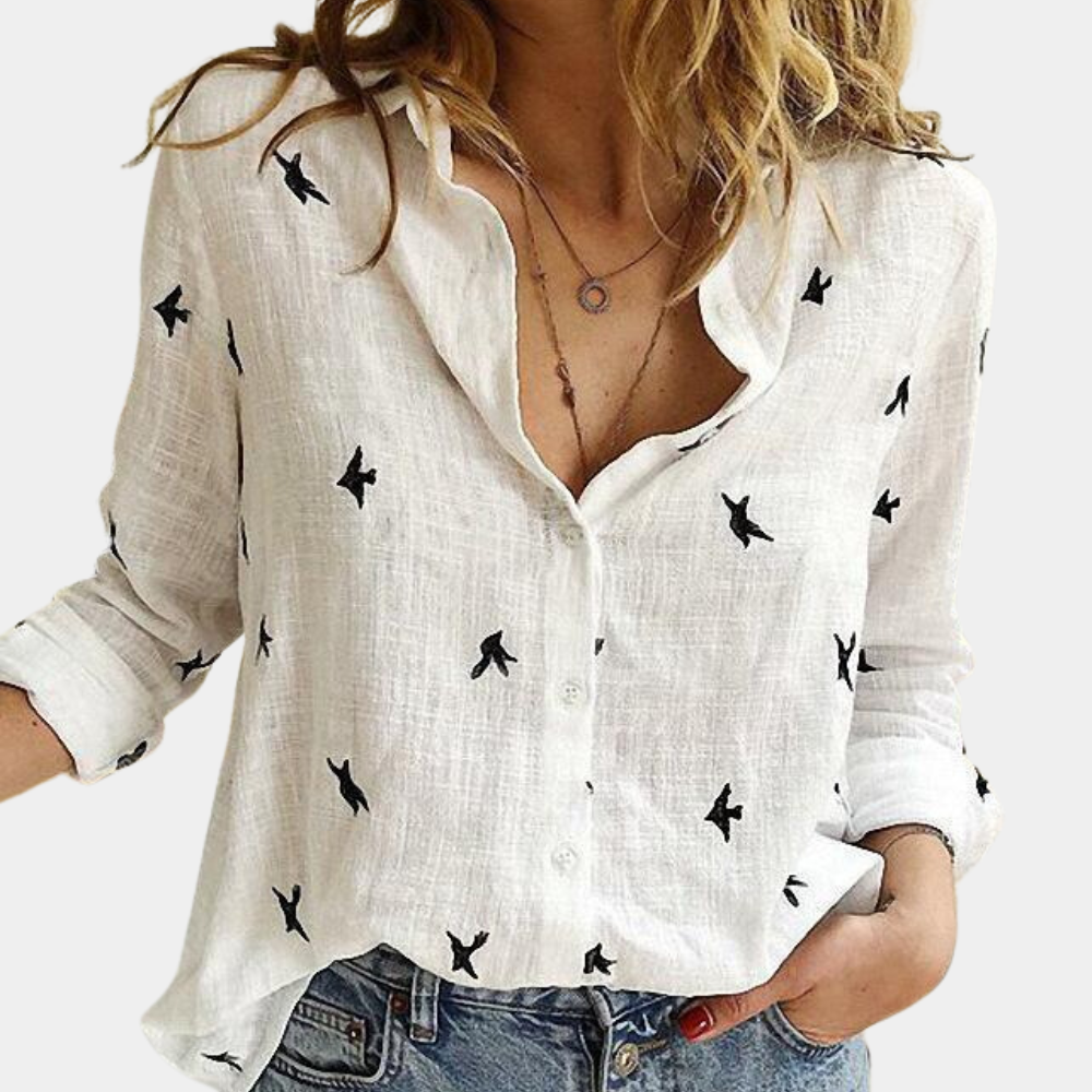 Audrey - Chemise Imprimée Oiseaux Manches Longues Femme