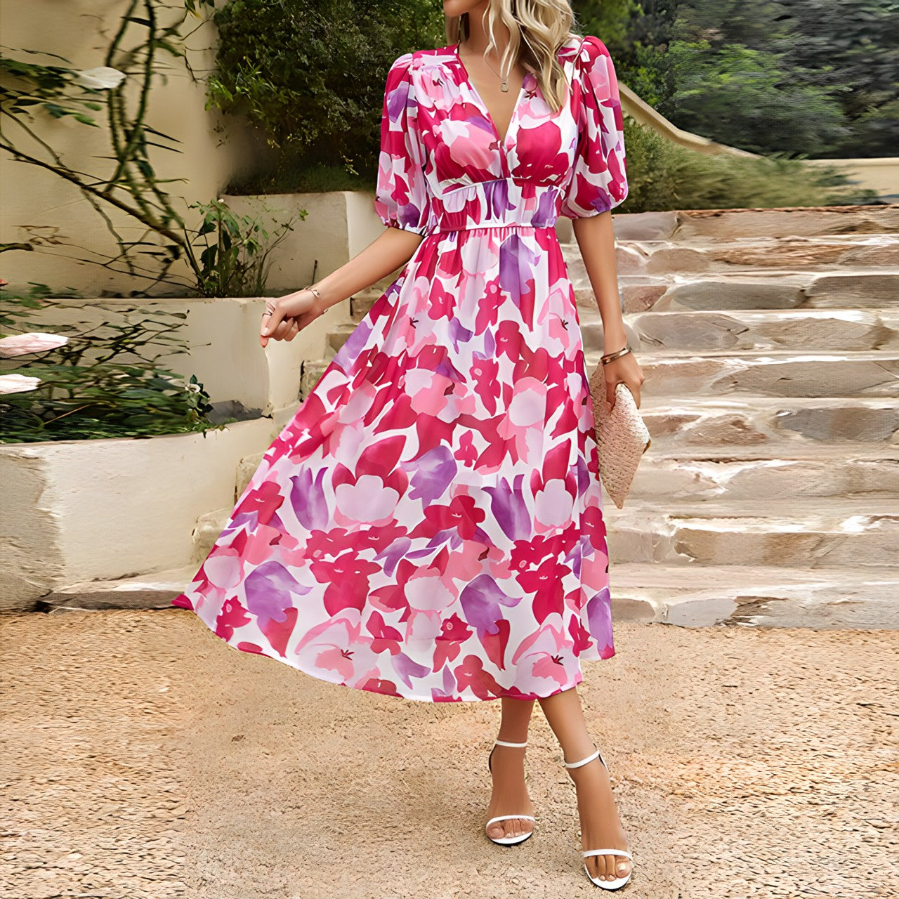 Mireille - Robe Midi Fleurie Col V Élégante