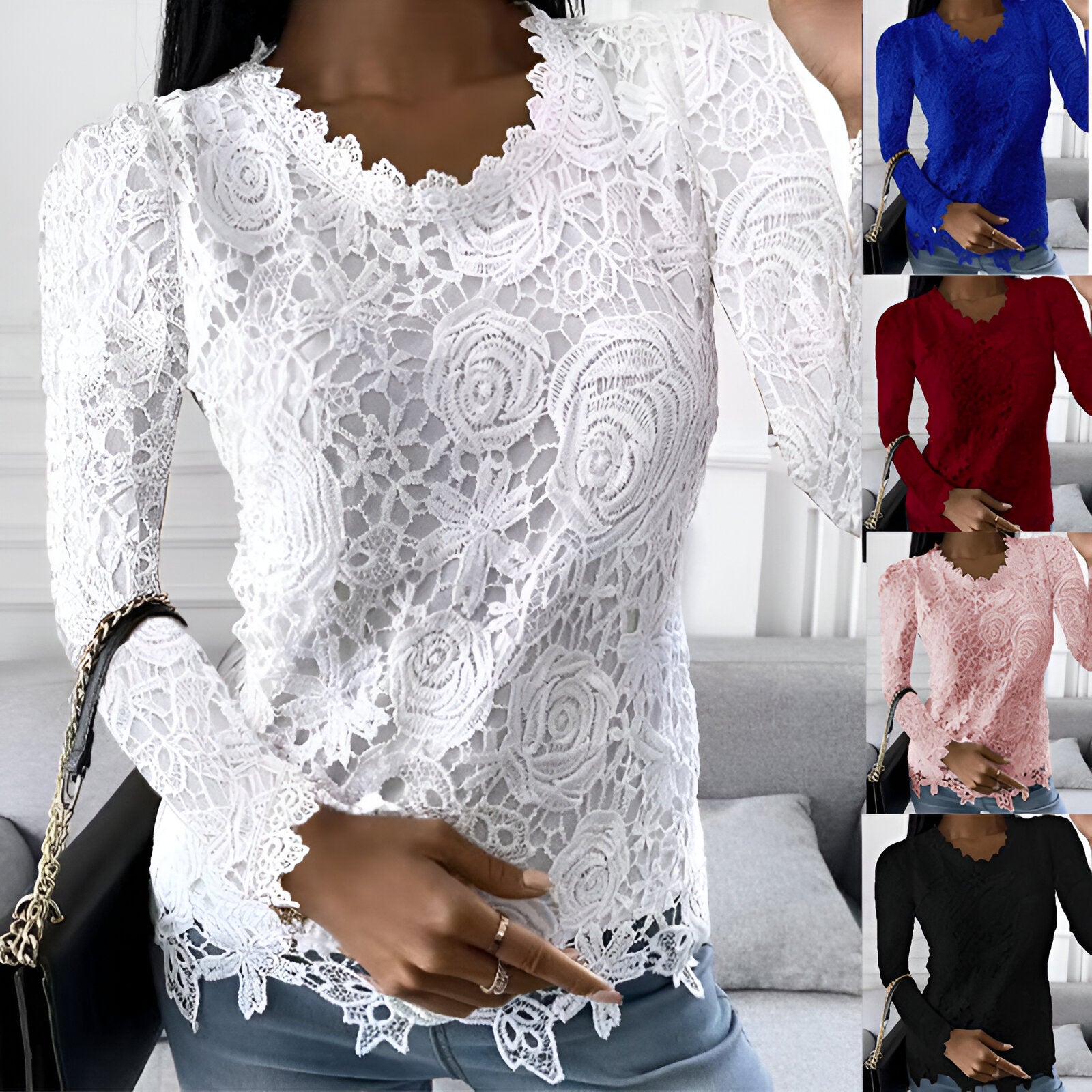 Top Femme En Dentelle Manches Longues Col V Élégant - Adèle