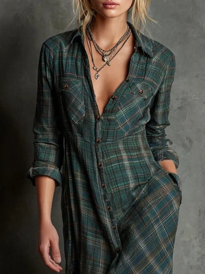 Corine - Robe Chemise Longue Femme à Carreaux