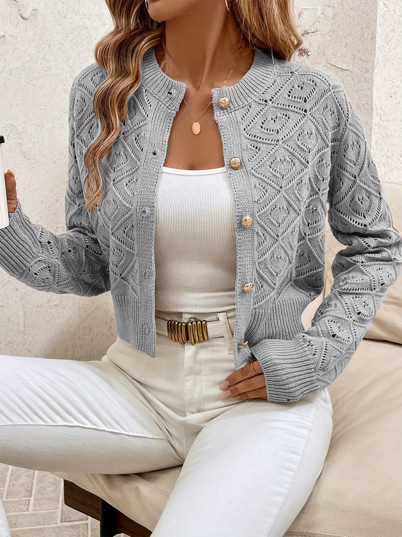 Camille - Cardigan Élégant Boutonné Ajouré