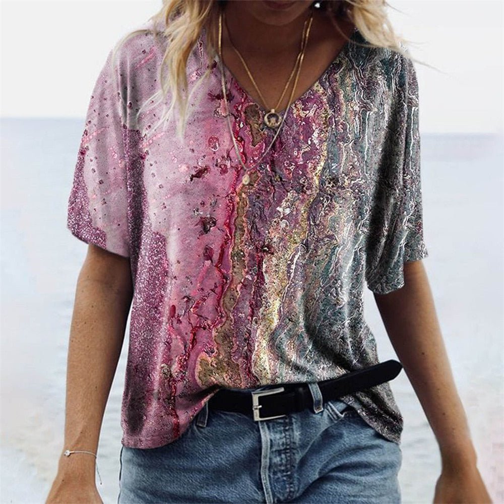 T-Shirt Femme Imprimé Col V Manches Courtes - Sidonie