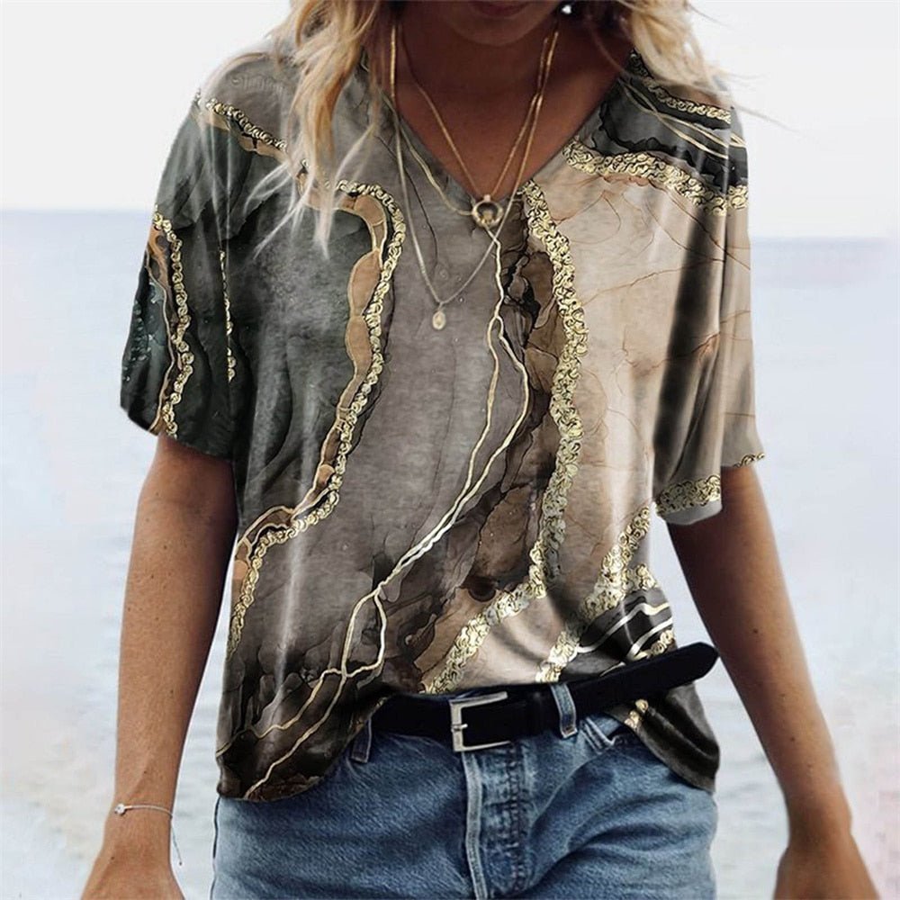 T-Shirt Femme Imprimé Col V Manches Courtes - Sidonie