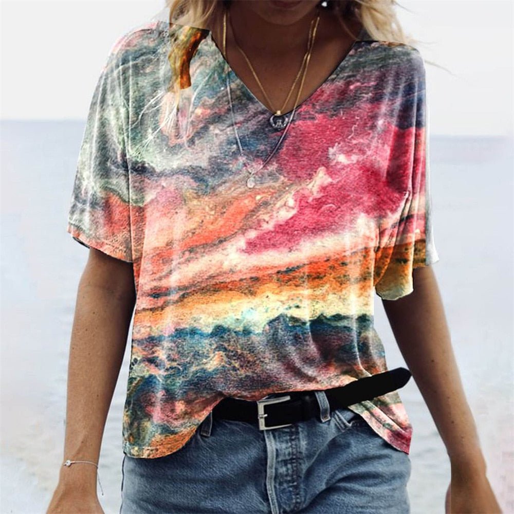 T-Shirt Femme Imprimé Col V Manches Courtes - Sidonie