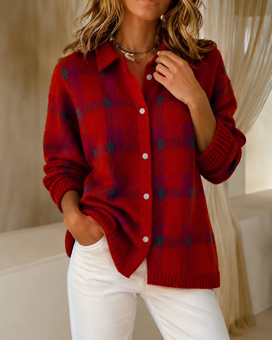 Caroline - Cardigan Chic Oversize Carreaux