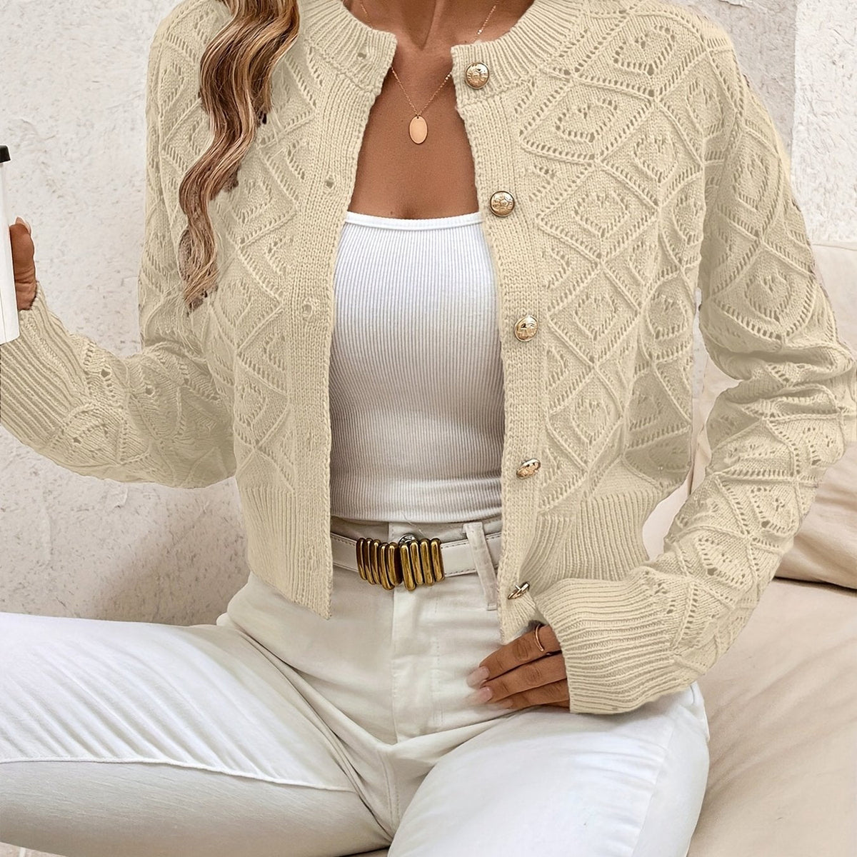 Camille - Cardigan Élégant Boutonné Ajouré