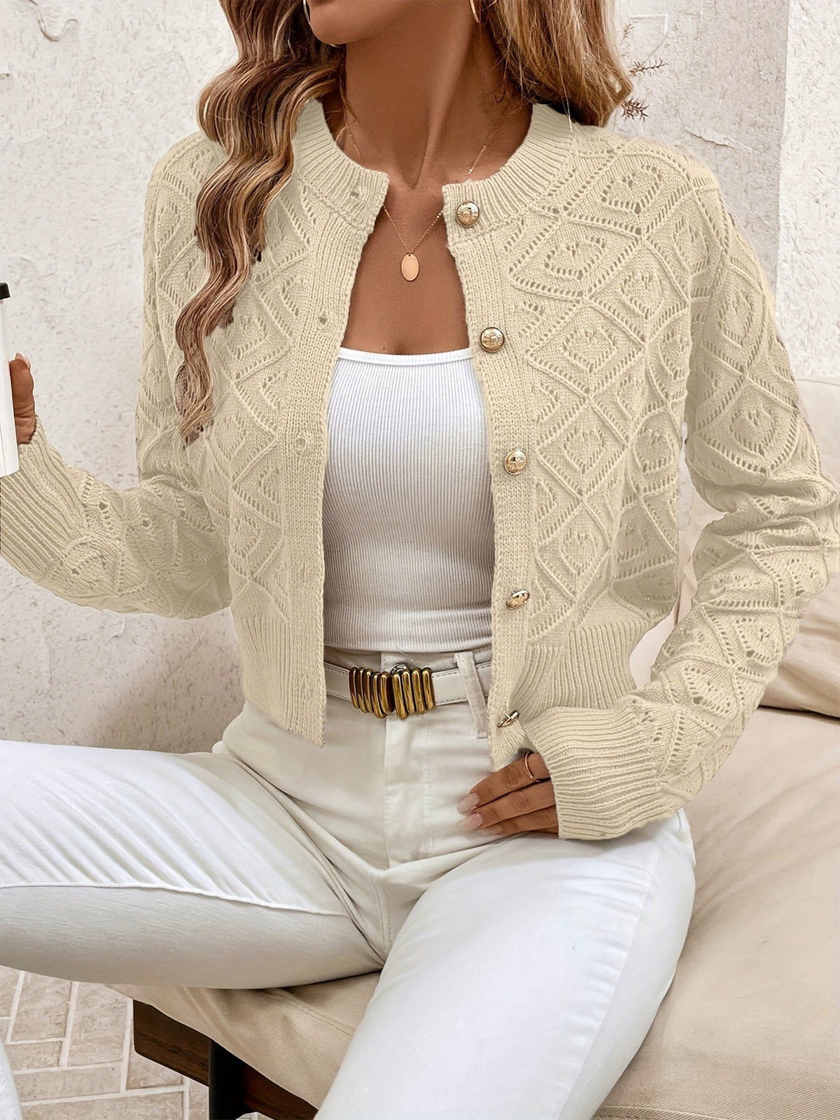 Camille - Cardigan Élégant Boutonné Ajouré