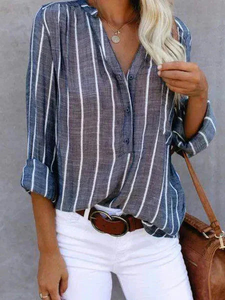 Blouse Femme Rayée Manches Longues Col V - Camille