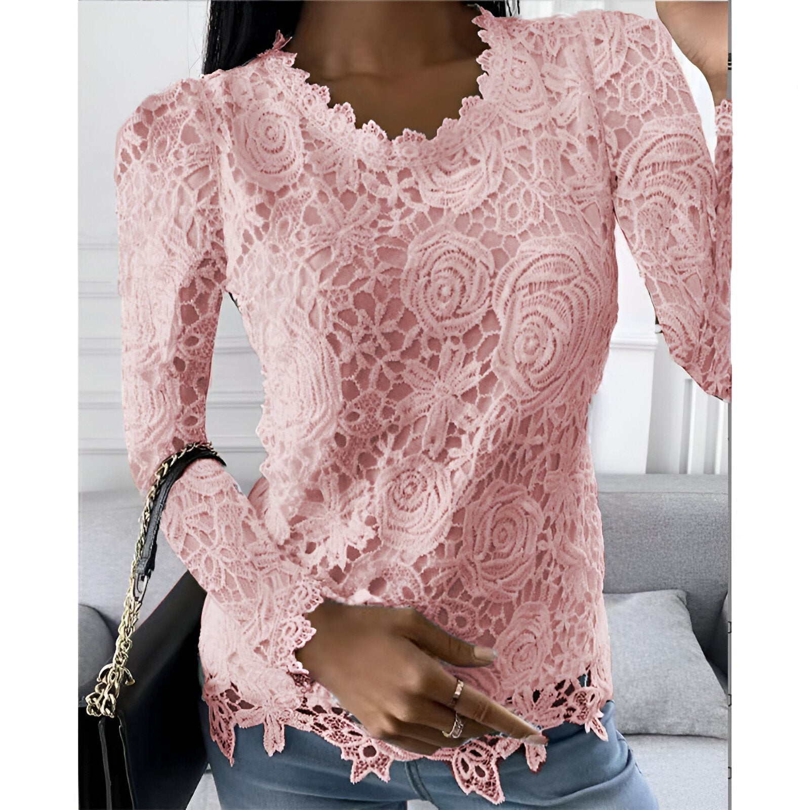 Top Femme En Dentelle Manches Longues Col V Élégant - Adèle
