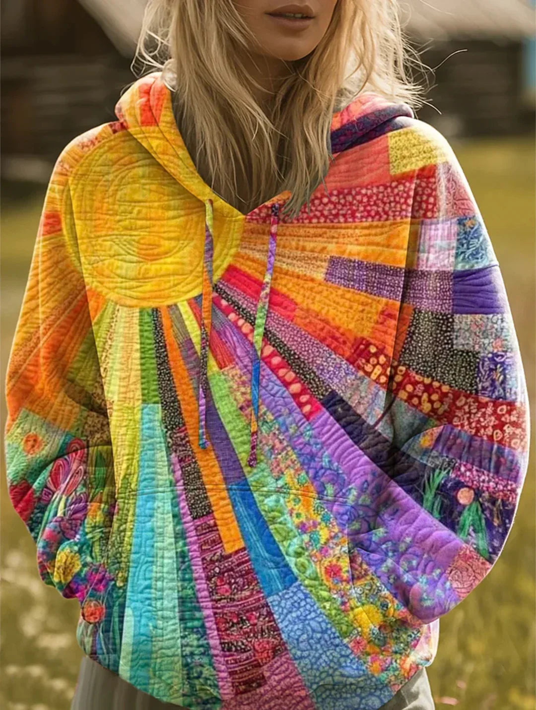 Caroline | Sweat à Capuche Chic Patchwork Imprimé